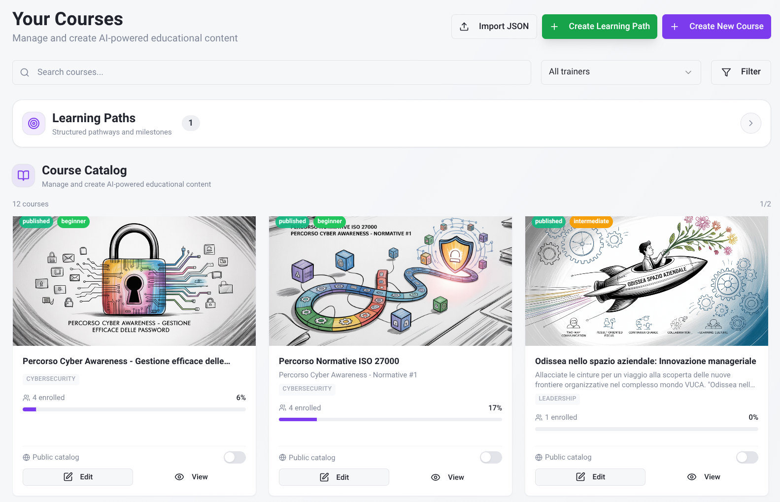 BeeAPro Trainer Studio — interfaccia dashboard con corsi, analytics e AI